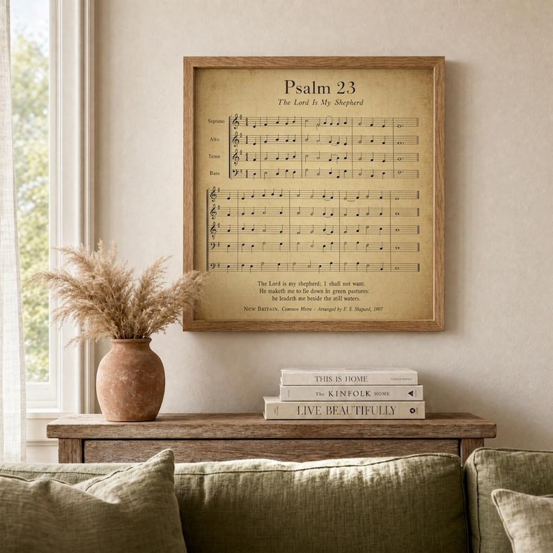 Psalm 23 Vintage Antique art print framed in light oak hung above a sage green linen sofa, terracotta vase with dried pampas grass on console table, cream textured plaster wall, soft natural daylight, cottage farmhouse psalm 23 Christian home decor, psalms 23, instant digital download from TheFramedVerse on Etsy