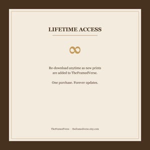 TheFramedVerse Mega Bundle lifetime access promise — re-download the Christian wall art bundle anytime as new Bible verse prints are added to TheFramedVerse catalog. One purchase, forever updates. Modern minimalist Christian scripture wall art digital download from theframedverse.etsy.com.