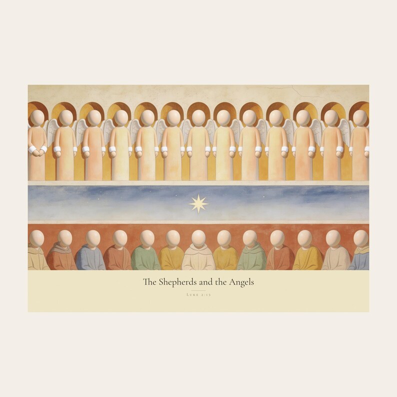 Clean front view of the unframed The Shepherds and the Angels digital print on a light neutral background. The full horizontal composition shows a row of angels above shepherds and their sheep, with a star set between the two groups, followed by the title and Luke 2:13 in serif type on a cream caption band. The complete borders, warm fresco texture, and restrained palette are visible without props or frame.