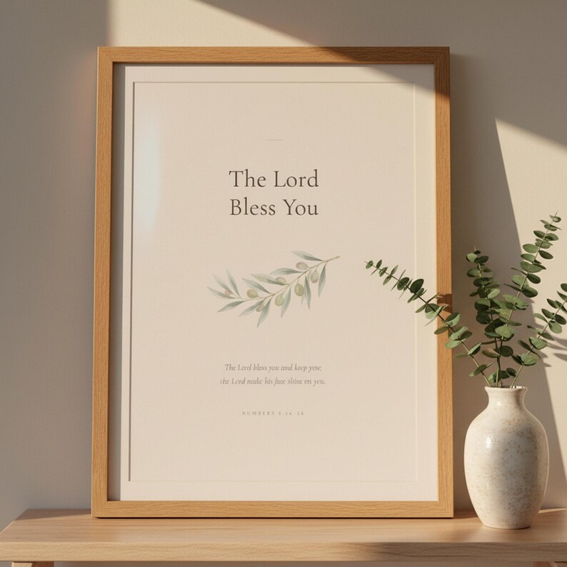 The Lord Bless You Numbers 6 24 26 Nursery Bible Verse Print Christian Wall Art, — "The Lord bless you and keep you; the Lord make His face shine on you", in gentle sage green nursery design with soft botanical watercolor illustration and calming earth tones, showcased in an elegant contemporary home interior with curated decor elements, demonstrating how this Christian art piece elevates any
