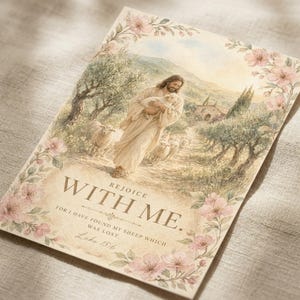Closeup detail of Luke 15:6 watercolor print Rejoice With Me, part of the Good Shepherd set of 6 — Jesus carrying the found lamb home rejoicing. Bible verse christian wall art digital download for scripture home decor.