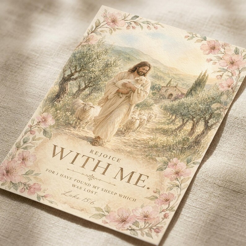 Closeup detail of Luke 15:6 watercolor print Rejoice With Me, part of the Good Shepherd set of 6 — Jesus carrying the found lamb home rejoicing. Bible verse christian wall art digital download for scripture home decor.