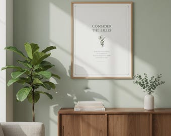 Overweeg de lelies muurkunst Matthew 6:28 schrift afdrukken salie groen christelijk decor vintage bijbelvers afdrukbare download