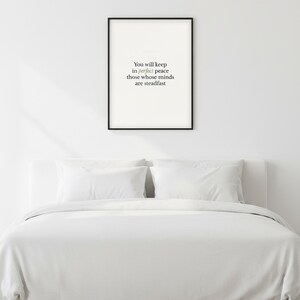 Isaiah 26:3 Wall Art You Will Keep in Perfect Peace Minimalist Scripture Print B — front facing framed mockup on clean white wall with shadow. This modern minimalist christian scripture wall art print features beautiful serif typography on warm cream background. Isaiah 26:3 bible verse digital download printable for home office bedroom living room gallery wall decor. Perfect christian gift idea...