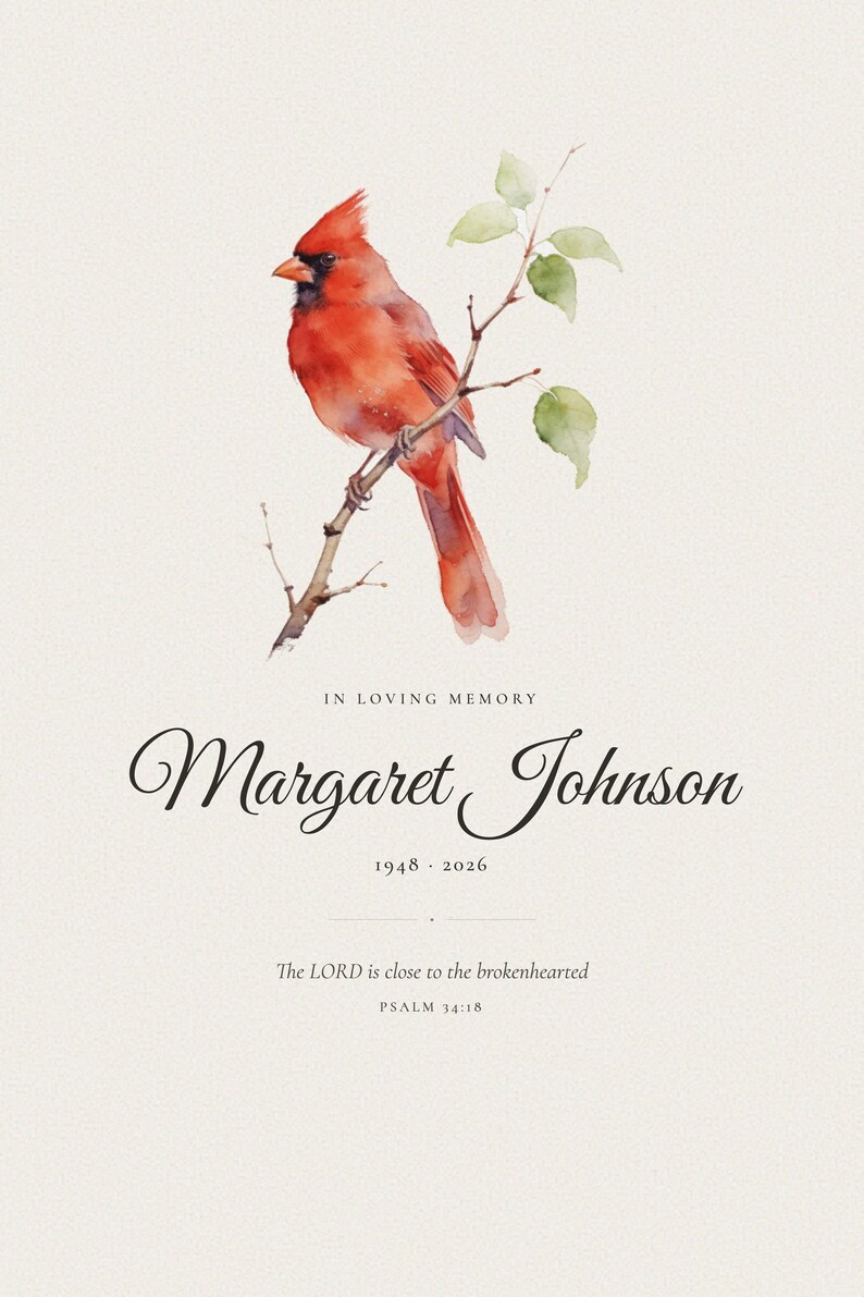 Clean front view of the personalized memorial master print on a soft neutral background without a frame or room props. A red cardinal and fine botanical details surround In Loving Memory, Margaret Johnson, 1948 to 2026, and Psalm 34:18, The Lord is close to the brokenhearted. The uncluttered image shows the full composition, typography and print texture clearly.