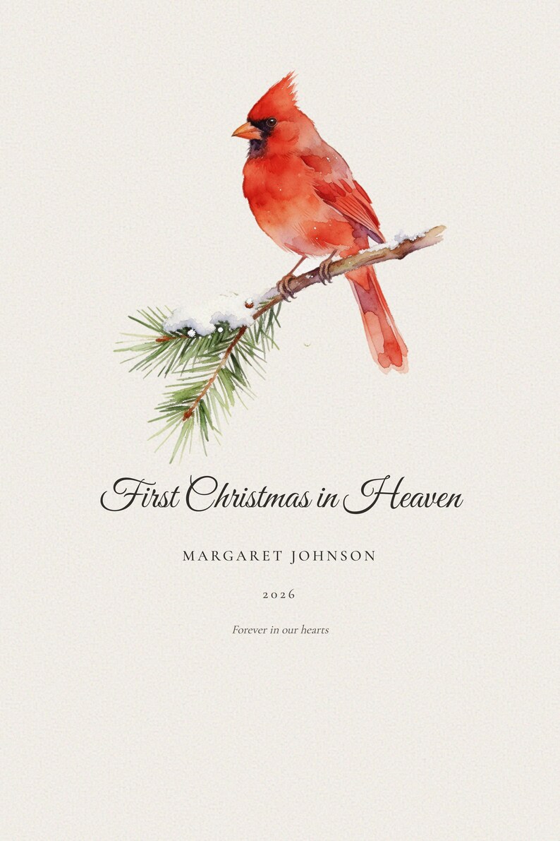 Clean front view of the First Christmas in Heaven master print on a soft winter neutral background without a frame or room props. A red cardinal rests among snow dusted pine branches above the personalized name Margaret Johnson and year 2026. The uncluttered image shows the complete seasonal memorial composition, crisp typography, botanical detail and subtle paper texture.