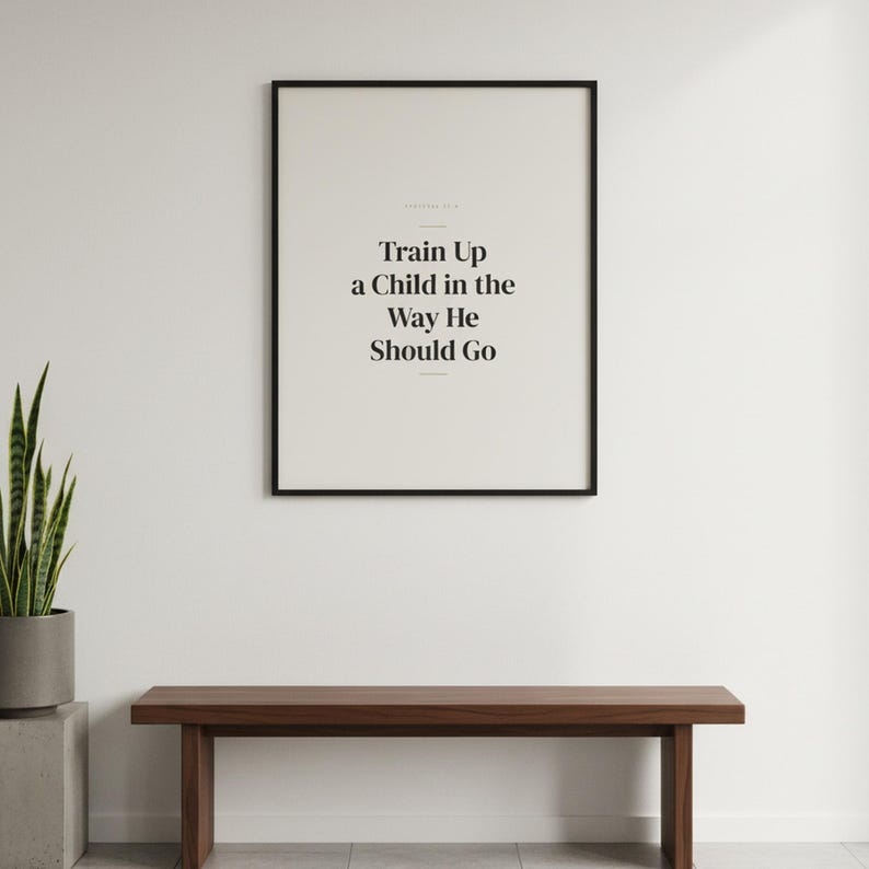 Train Up a Child in the Way He Should Go Proverbs 22:6 Wall Art Christian Father — shelf mockup leaning on wood shelf with decorative items. This Fathers Day christian scripture wall art print features beautiful serif typography on warm cream background. Proverbs 22:6 bible verse digital download printable for home office bedroom living room gallery wall decor. Perfect christian gift idea from ...