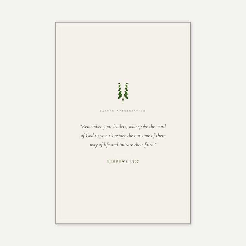 Hebrews 13:7 Remember Your Leaders scripture print in thin black frame on white marble, single olive branch and two unlit votive candles, warm beige textured backdrop, bright morning light with clean glass reflection, still life editorial pastor appreciation christian print digital download by TheFramedVerse