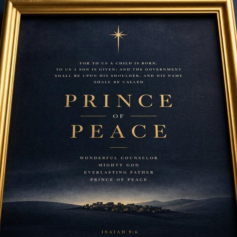 Isaiah 9:6 close-up detail - PRINCE OF PEACE gold typography, Wonderful Counselor Mighty God Everlasting Father, dark navy christmas scripture print