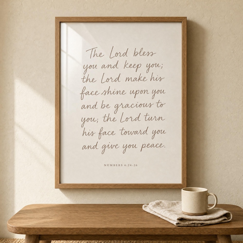 Hand-lettered Numbers 6:24-26 priestly blessing print framed in slim matte black wood, hanging above an oak dining table styled with a ribbed ceramic vase, dried wheat, and thin candlesticks in a warm cream Christian home. Aaronic blessing 'The Lord bless you and keep you' wedding scripture wall art, premium digital download for marriage and anniversary gifts.