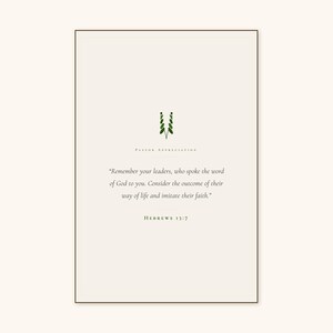 Hebrews 13:7 Remember Your Leaders scripture print in solid walnut frame, frontal studio shot on cream backdrop with soft top-left key light and visible glass reflection, hero e-commerce photograph, christian pastor gift digital download, pastor appreciation wall art by TheFramedVerse, pastoral gifts minimalist