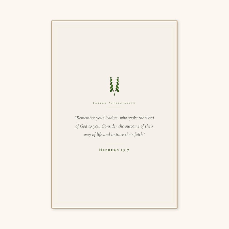 Hebrews 13:7 Remember Your Leaders scripture print in solid walnut frame, frontal studio shot on cream backdrop with soft top-left key light and visible glass reflection, hero e-commerce photograph, christian pastor gift digital download, pastor appreciation wall art by TheFramedVerse, pastoral gifts minimalist