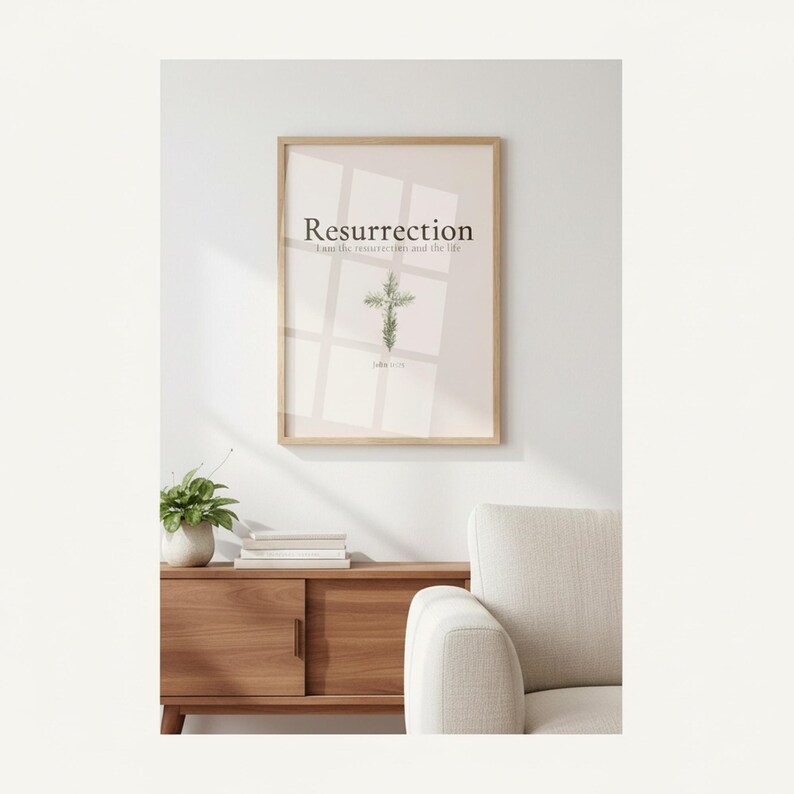 He is Risen Easter Wall Art, Floral Cross Scripture Print, — "He is not here; He has risen, just as He said", in beautiful floral cross composed of spring roses, greenery and wildflowers, presented as an elegant flat lay on white marble with a fountain pen and eucalyptus sprig, showing the complete print design in full detail