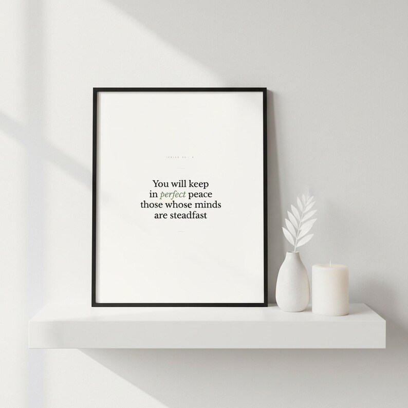 Scripture Wall Art Set of 6 Minimalist Bible Verse Prints Modern Christian Home  — botanical glass frame mockup with natural light and greenery. This modern minimalist christian scripture wall art print features beautiful serif typography on warm cream background. digital download printable for home office bedroom living room gallery wall decor. Perfect christian gift idea from TheFramedVerse o...