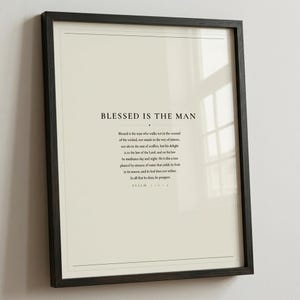 Extreme close-up of the Psalm 1:1-3 scripture typography — Blessed is the Man Who Walks Not In The Counsel Of The Ungodly. Sharp serif letterforms in deep forest green on warm cream. Modern minimalist bible verse print showing print quality and typographic detail. Perfect for a christian prayer room or home office wall decor.