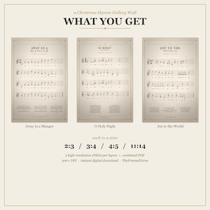 What you get: Christmas Hymns Gallery Wall Set — 3 vintage hymn prints (Away in a Manger, O Holy Night, Joy to the World), each in 4 sizes: 2:3 ratio (4x6 to 24x36 inches), 3:4 ratio (6x8 to 18x24), 4:5 ratio (4x5 to 16x20), and 11:14 ratio, plus combined PDF — instant digital download from TheFramedVerse