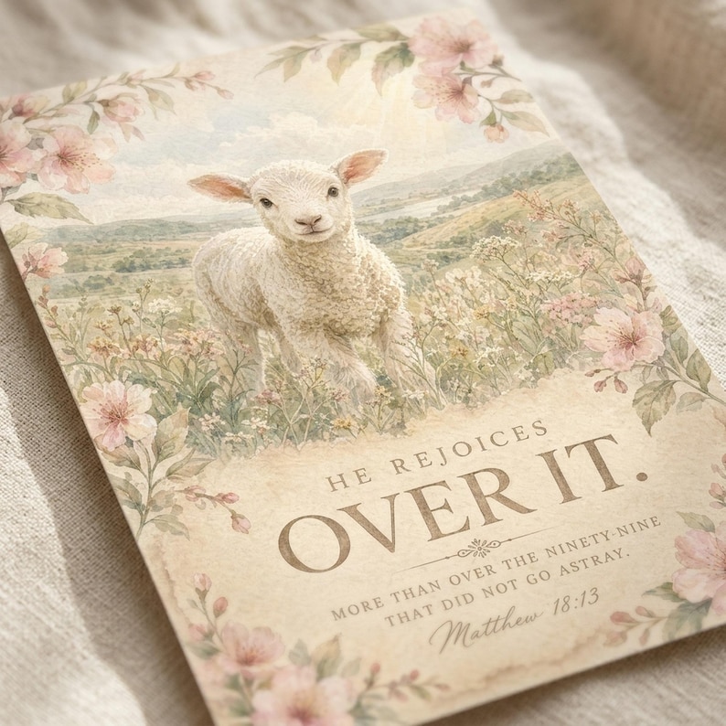 Closeup detail of Matthew 18:13 watercolor print He Rejoices Over It, part of the Good Shepherd set of 6 — single white lamb in wildflower meadow with bible verse. Christian nursery scripture art digital download for baby shower gift.