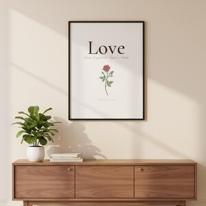 Fruit of the Spirit Love Bible Verse Wall Art clean print mockup, Galatians 5:22 rose botanical illustration aesthetic christian floral scripture, Love is patient love is kind set of 9 gallery wall print