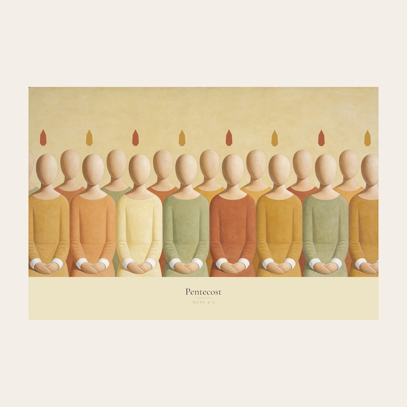 Clean front view of the unframed Pentecost digital print on a light neutral background. The full horizontal composition shows a row of faceless apostles standing shoulder to shoulder, each with a small flame above the head, followed by the title and Acts 2:3 in serif type on a cream caption band. The complete borders, warm fresco texture, and restrained palette are visible without props or frame.