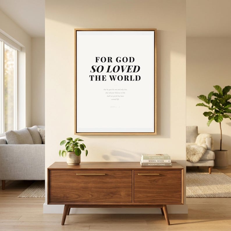 Christian Wall Art Set of 9 Bible Verse Prints Modern Scripture Gallery Decor Printable Download — botanical glass frame mockup with natural light and greenery, adding an organic touch to the scripture art display This minimalist modern, gallery wall set christian wall art features beautiful typography as a printable bible verse decor piece. Digital download from TheFramedVerse on Etsy, perfect...