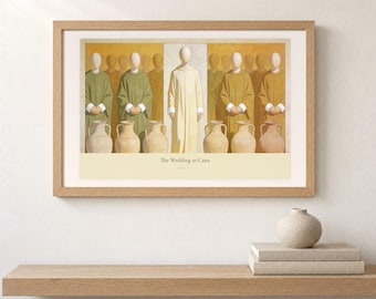Las bodas de Caná, Juan 2:7. Arte cristiano moderno y lámina bíblica del milagro de Jesús.