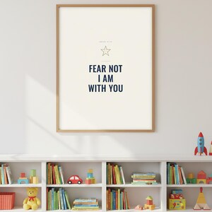 Fear Not I Am With You Isaiah 41:10 Wall Art Christian Boys Room Print Scripture — close-up detail of typography and paper texture. This elegant christian scripture wall art print features beautiful serif typography on warm cream background. Isaiah 41:10 bible verse digital download printable for home office bedroom living room gallery wall decor. Perfect christian gift idea from TheFramedVerse...