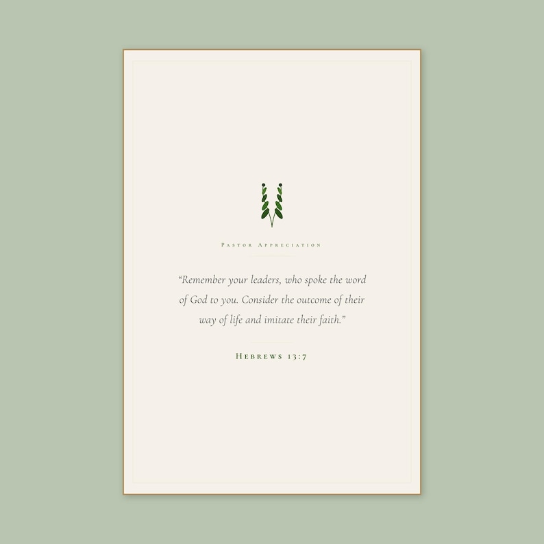Hebrews 13:7 Remember Your Leaders modern minimalist scripture print framed in light oak above a cream console table, open Bible and dried botanical stems in ceramic vase, soft natural daylight, pastor appreciation christian wall art digital download from TheFramedVerse on Etsy, pastoral gifts church leader