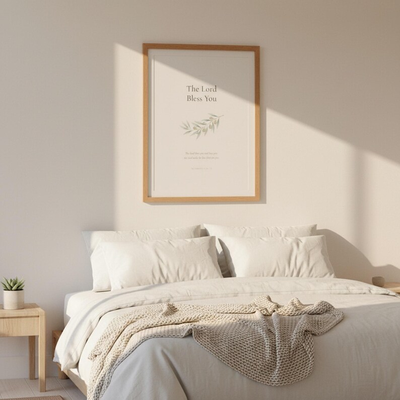 The Lord Bless You Numbers 6 24 26 Nursery Bible Verse Print Christian Wall Art, in gentle sage green nursery design with soft botanical watercolor illustration and calming earth tones, styled on a wooden floating shelf next to a ceramic vase with dried eucalyptus, creating a warm and inviting Christian home decor vignette