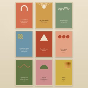 Trendy christian wall art set of 9 displayed as modern maximalist gallery wall with colorful scripture bible verse prints including Philippians 4:13 I can do all things, Jeremiah 29:11, Psalm 46:10 be still. Retro-modern 3x3 bundle in coral, mustard,
