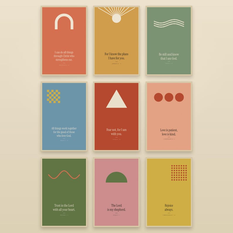 Trendy christian wall art set of 9 displayed as modern maximalist gallery wall with colorful scripture bible verse prints including Philippians 4:13 I can do all things, Jeremiah 29:11, Psalm 46:10 be still. Retro-modern 3x3 bundle in coral, mustard,