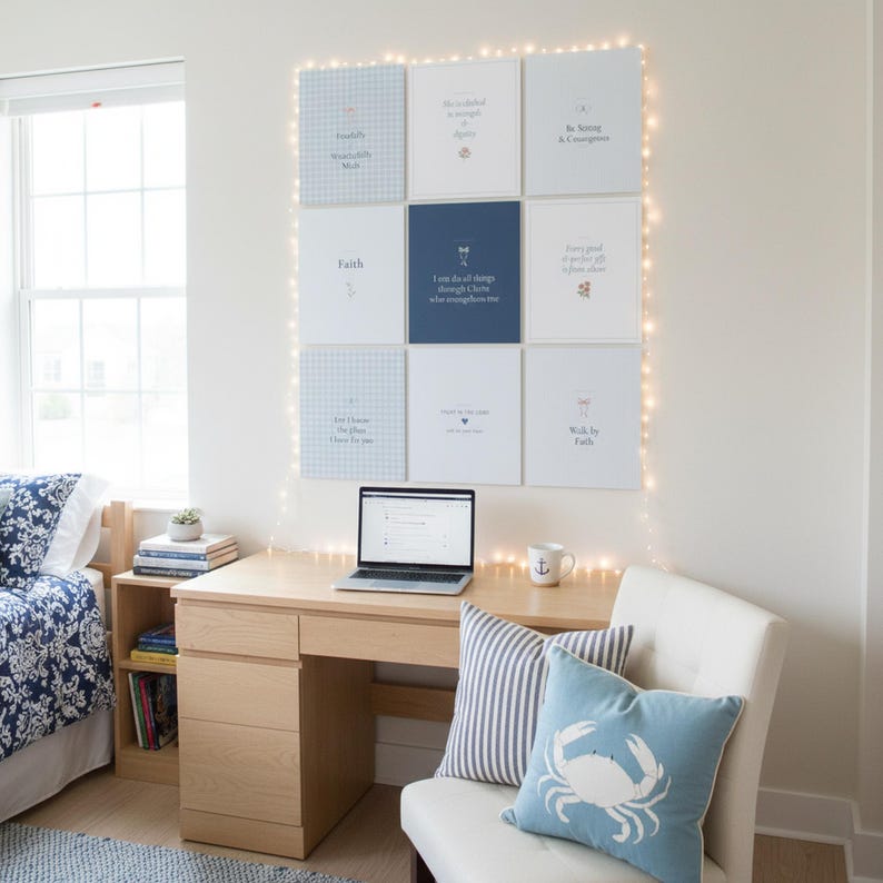 Faith Hebrews 11:1 blue navy coquette Christian wall art prints shown in a cute college dorm room above a desk with laptop and string lights. Trendy Bible verse scripture prints in soft blue navy aesthetic, perfect for dorm room decorating, apartment