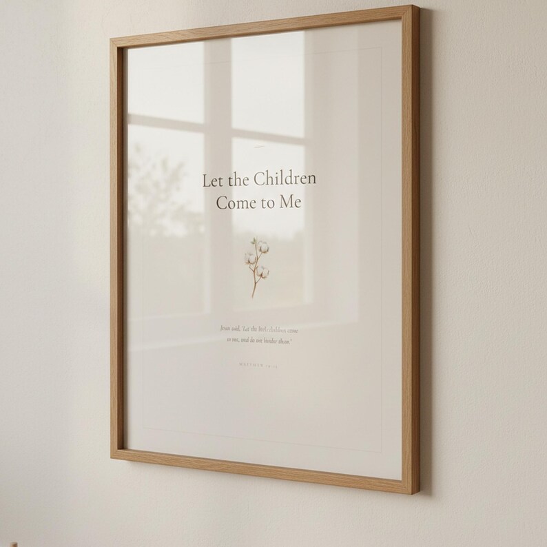 Nursery Bible Verse Wall Art Set of 6 Printable Christian Scripture Prints, in gentle sage green nursery design with soft botanical watercolor illustration and calming earth tones, displayed in a bright modern entryway next to a coat rack with natural greenery, serving as welcoming faith-filled home decor