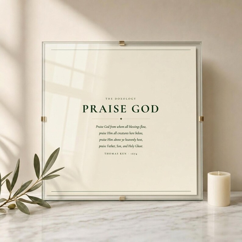 Doxology Praise God From Whom All Blessings Flow hymn print in floating glass frame with brass corner clips on marble surface with fresh olive branch and cream candle, dark forest green text on warm cream, premium christian doxology wall art hymn print baptism confirmation wedding gift song lyric art