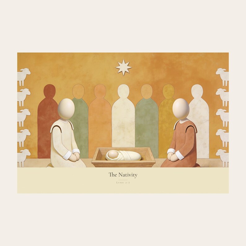 Clean front view of the unframed The Nativity digital print on a light neutral background. The full horizontal composition shows the wrapped child in a low manger between two kneeling figures, beneath a single star, followed by the title and Luke 2:7 in serif type on a cream caption band. The complete borders, warm fresco texture, and restrained palette are visible without props or frame.