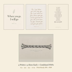 What you get overview for the Wedding Scripture Print Set of 4, showing four separate ZIP files and one combination PDF. Each Scripture design includes high-resolution JPGs in 2:3, 3:4, 4:5, and 11:14 ratios, with Ecclesiastes 4:12 in landscape orientation and coordinated files for Numbers 6:24-26, Ruth 1:16, and 1 Corinthians 13:4-8.