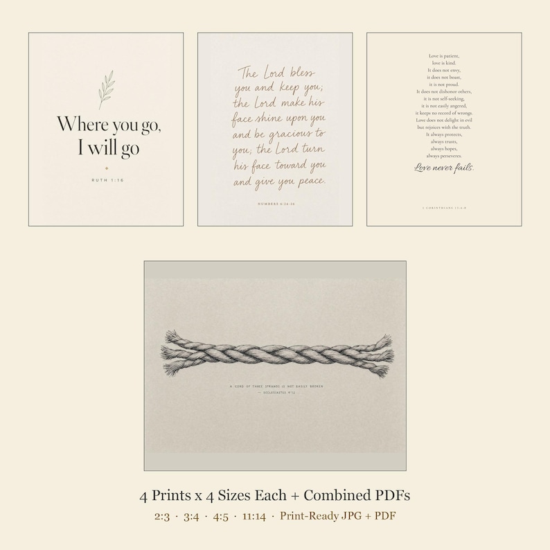 What you get overview for the Wedding Scripture Print Set of 4, showing four separate ZIP files and one combination PDF. Each Scripture design includes high-resolution JPGs in 2:3, 3:4, 4:5, and 11:14 ratios, with Ecclesiastes 4:12 in landscape orientation and coordinated files for Numbers 6:24-26, Ruth 1:16, and 1 Corinthians 13:4-8.