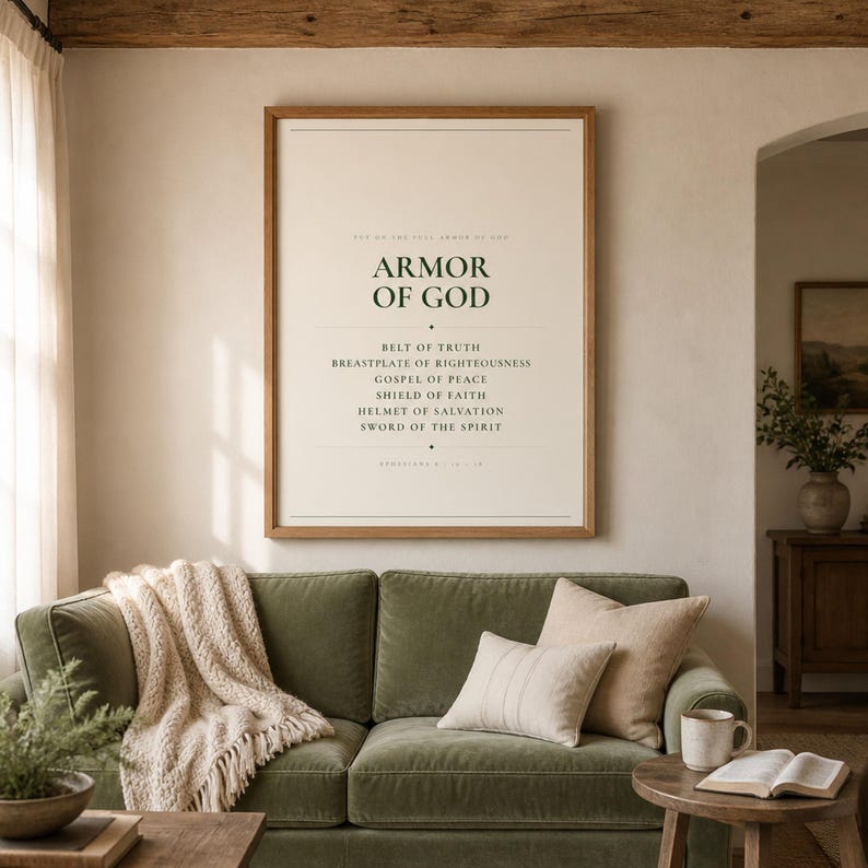 Armor of God Ephesians 6 scripture print bold minimalist christian wall art boys room confirmation baptism gift dark forest green typography on warm cream background, above sage grey linen sofa bright airy living room natural window light room lifestyle scene, digital download printable wall art instant download