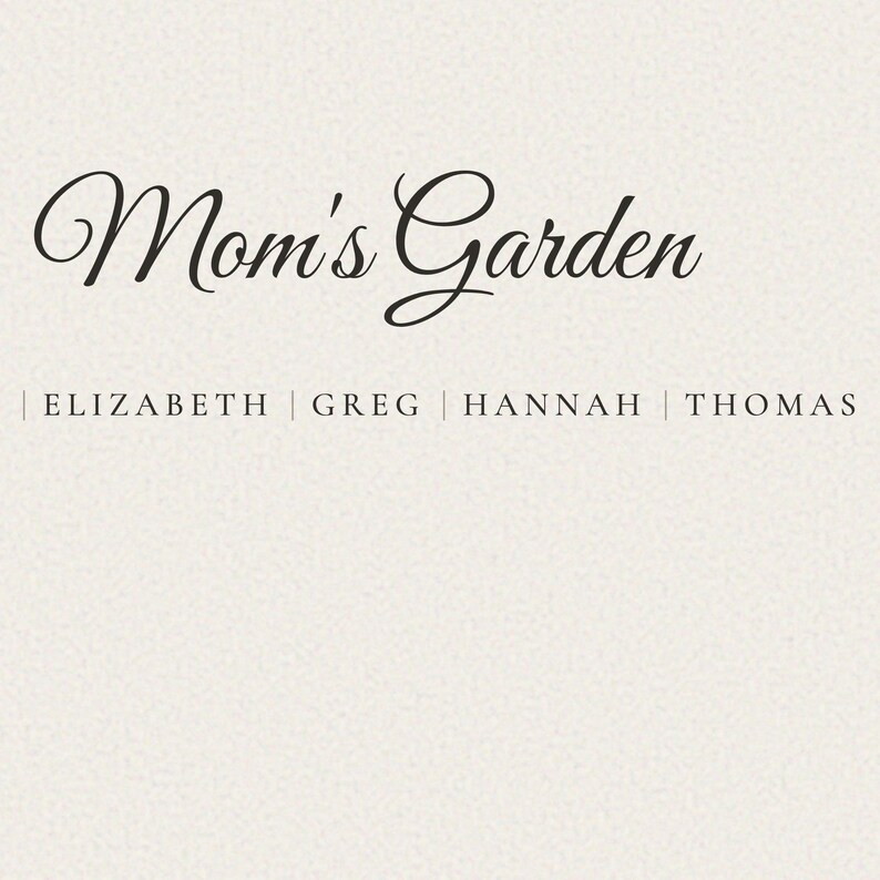 Detailed close view of the personalized name line and editable title beneath a watercolor birth flower bouquet. The image shows crisp, readable family names aligned with the botanical arrangement and the words Mom's Garden centered below. Fine paper texture, soft painted petals and careful typography highlight the custom details included in this birth flower gift.