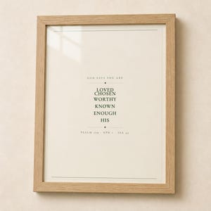 What you get overview showing the design and its four high resolution printable ratios for flexible frame sizes. The God Says You Are Loved Chosen Worthy Known Enough His artwork uses minimalist forest green typography on warm beige. This Christian affirmation print suits a nursery, baptism gift, baby dedication, bedroom, or encouraging faith centered space as digital wall art.
