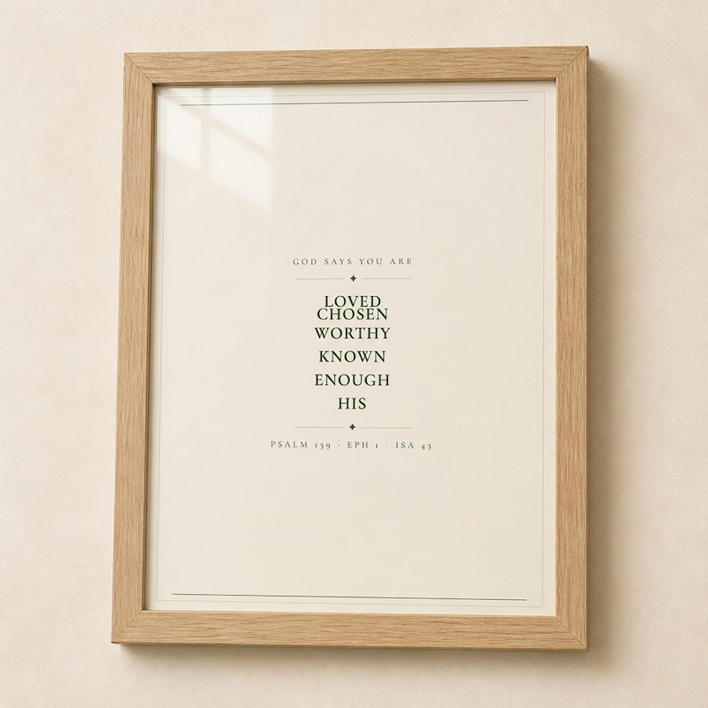 What you get overview showing the design and its four high resolution printable ratios for flexible frame sizes. The God Says You Are Loved Chosen Worthy Known Enough His artwork uses minimalist forest green typography on warm beige. This Christian affirmation print suits a nursery, baptism gift, baby dedication, bedroom, or encouraging faith centered space as digital wall art.