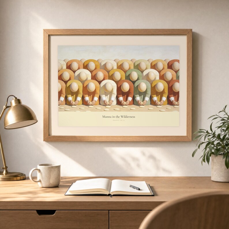 Desk mockup of Manna in the Wilderness in a light oak frame above a wooden workspace with a brass lamp, ceramic mug, open notebook, pen, and leafy plant. The artwork shows faceless figures bending to gather pale manna across a warm cream ground. Angled sunlight, neutral styling, and cream matting place the Bible story print in a quiet study or home office setting.