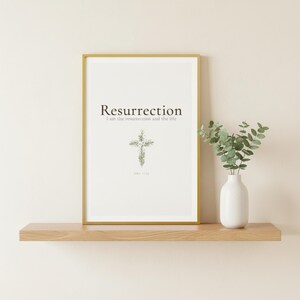 Resurrection Christian Scripture Art, Floral Cross Spring Decor, in beautiful floral cross composed of spring roses, greenery and wildflowers, presented showing all included print sizes — 5x7, 8x10, 11x14, 16x20, A4 and A3 — each in crisp JPG and PDF format at professional 300 DPI resolution for sharp printing at home or any local print shop