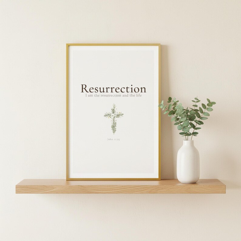 Resurrection Christian Scripture Art, Floral Cross Spring Decor, in beautiful floral cross composed of spring roses, greenery and wildflowers, presented showing all included print sizes — 5x7, 8x10, 11x14, 16x20, A4 and A3 — each in crisp JPG and PDF format at professional 300 DPI resolution for sharp printing at home or any local print shop