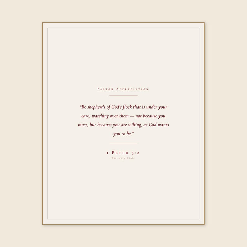1 Peter 5:2 Be Shepherds of God's Flock print framed in light oak above a sage velvet armchair with cream linen throw, open Bible on oak side table, soft warm afternoon window light, minimalist farmhouse christian home decor, pastor appreciation wall art instant digital download from TheFramedVerse Etsy shop