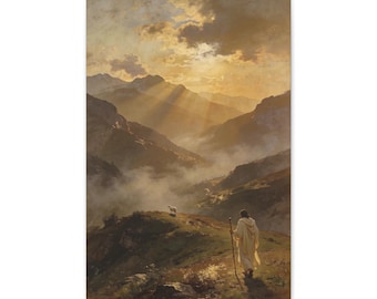 Jesus Leaves the Ninety Nine Canvas | Luke 15 4 Lost Sheep | Christian Wall Art | Vintage Painting Ready to Hang