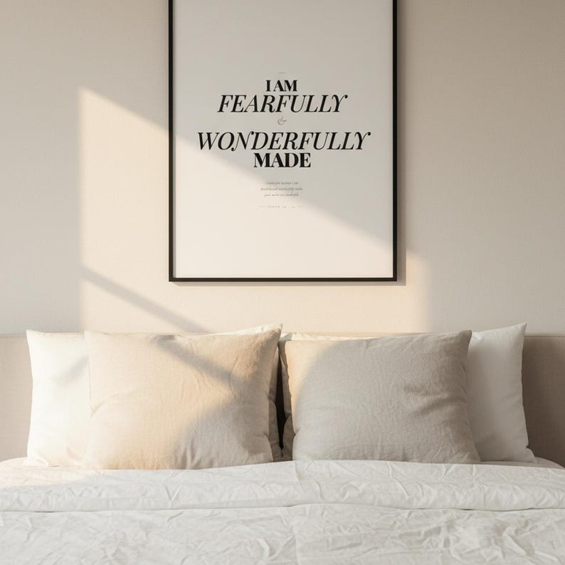 Psalm 139 14 Wall Art Fearfully and Wonderfully Made Scripture Print Nursery, in gentle sage green nursery design with soft botanical watercolor illustration and calming earth tones, styled on a wooden floating shelf next to a ceramic vase with dried eucalyptus, creating a warm and inviting Christian home decor vignette