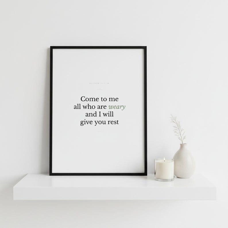 Matthew 11:28 Wall Art Come to Me All Who Are Weary Minimalist Scripture Print B — close-up detail of typography and paper texture. This modern minimalist christian scripture wall art print features beautiful serif typography on warm cream background. Matthew 11:28 bible verse digital download printable for home office bedroom living room gallery wall decor. Perfect christian gift idea from The...