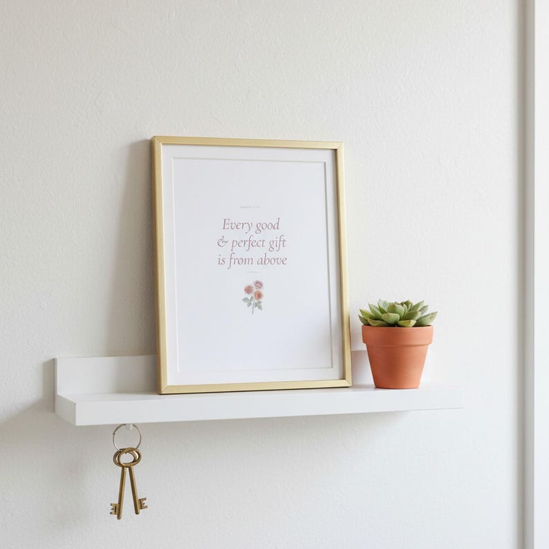 Every Good and Perfect Gift James 1 17 Wall Art Coquette Christian Print Blush B — what you get size overview showing all available print dimensions. This coquette bow, botanical, pink blush christian scripture wall art print features beautiful serif typography on warm cream background. James 1 17 bible verse digital download printable for home office bedroom living room gallery wall decor. Per...