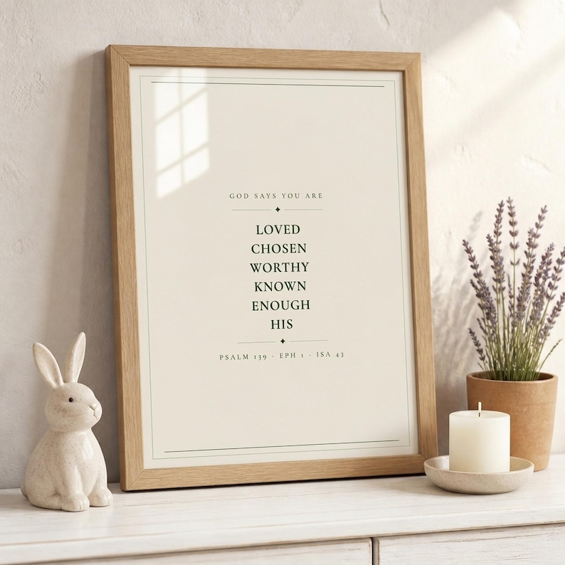 God Says You Are Loved Chosen Worthy Known scripture affirmation print dark forest green on cream christian nursery baptism gift baby dedication wall art, wooden shelf walnut frame open Bible dried botanical eucalyptus ceramic vase candle warm light, digital download printable wall art instant download