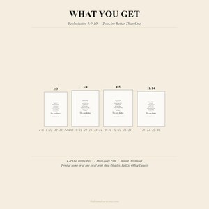 What you get: 4 high-resolution portrait JPEGs of Ecclesiastes 4:9-10 'Two Are Better Than One' Christian wedding wall art — ratios 2:3, 3:4, 4:5, and 11:14, fits frames from 4x6 to 24x36 inches. 300 DPI plus multi-page PDF. Instant download for wedding gift, newlywed, anniversary keepsake.